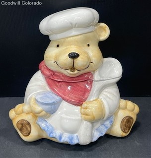 Sunshine Cookie Jar Bear Chef Ceramic White Red Blue Made In Taiwan Animal
