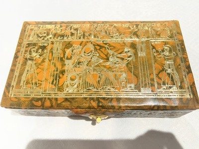 Vintage decorative box ancient Egyptian scene faux leather 
