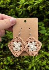 Handcrafted Crochet Square Dangle Earrings Beige White Boho