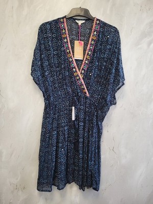 Monsoon Navy Blue Patterned Sheer Beach Dress/Cover Up Tassel Size Small BNWT.PK