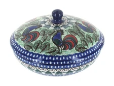 Blue Rose Polish Pottery Rooster Row Covered Bowl