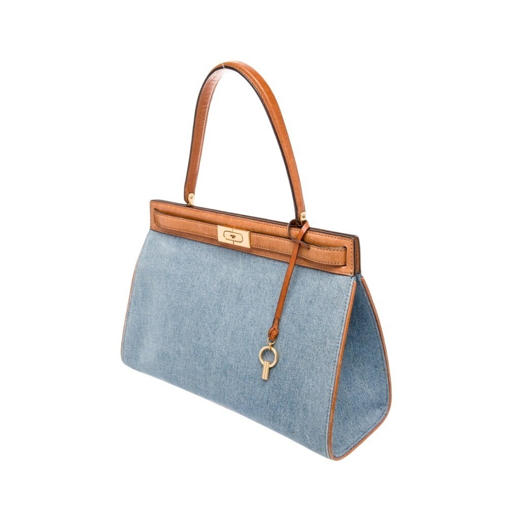 Tory Burch Lee Radziwill Denim Tan Leather Top Handle Bag