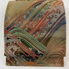 JAPANESE KIMONO BELT FUKURO OBI GOLD ROKUTSU-GARA PURE SILK EE2568