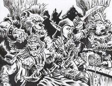 Tavern Brawl w/Gnoll, Ork, Elf and Lich-OOAK Fantasy Ink Illustration-Myke Art