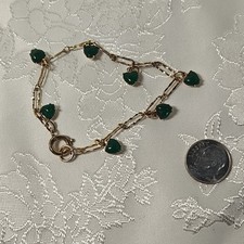 Vintage Gold Tone Bar Link Childs Bracelet with Green Glass Heart Dangle Charms