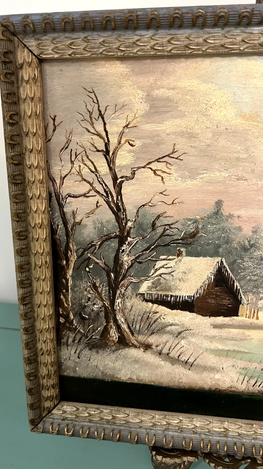 Una puesta de sol helada, invernal, nevada - pintura al óleo sobre tablero de academia. 14,25" x 11" Foto 2 de 4