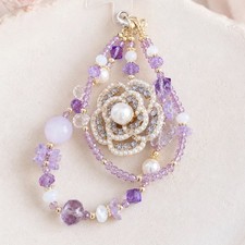 Lavender Floral Beaded Bag Charm, Purple Pearl Purse Keychain, Elegant Handmade