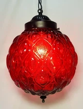 Vintage Quilted Cranberry Bubble Retro Hanging Light Lamp  1960-1970 Leviton