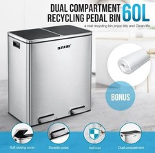 60L Pedal Rubbish Bin Dual Compartment Kitchen Waste Garbage Trash Can Dustbin