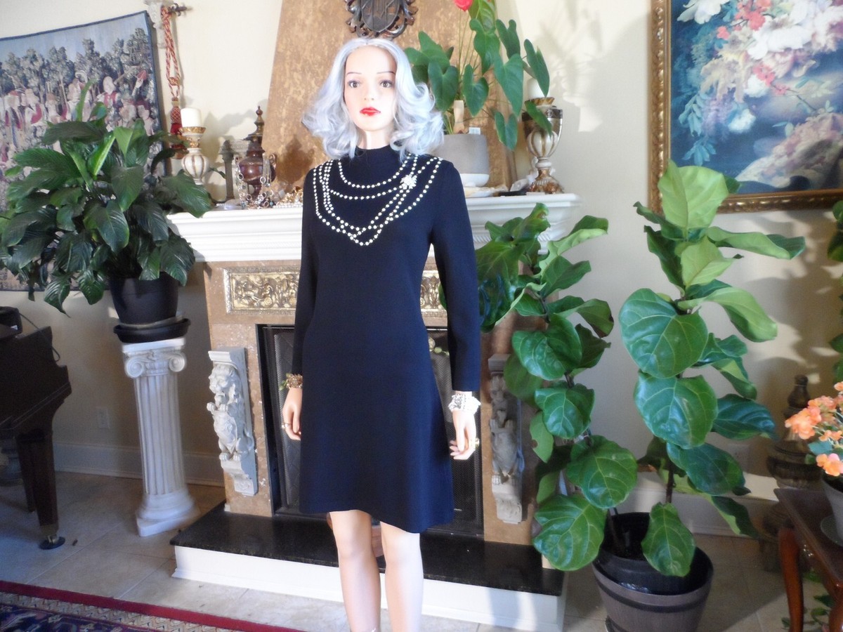 St. John Evening Black Knit A-Line Dress w/Faux Pearl Embellish Detail Size 8 St. John Evening Black Knit A-Line Dress w/Faux Pearl Embellish Detail Size 8
