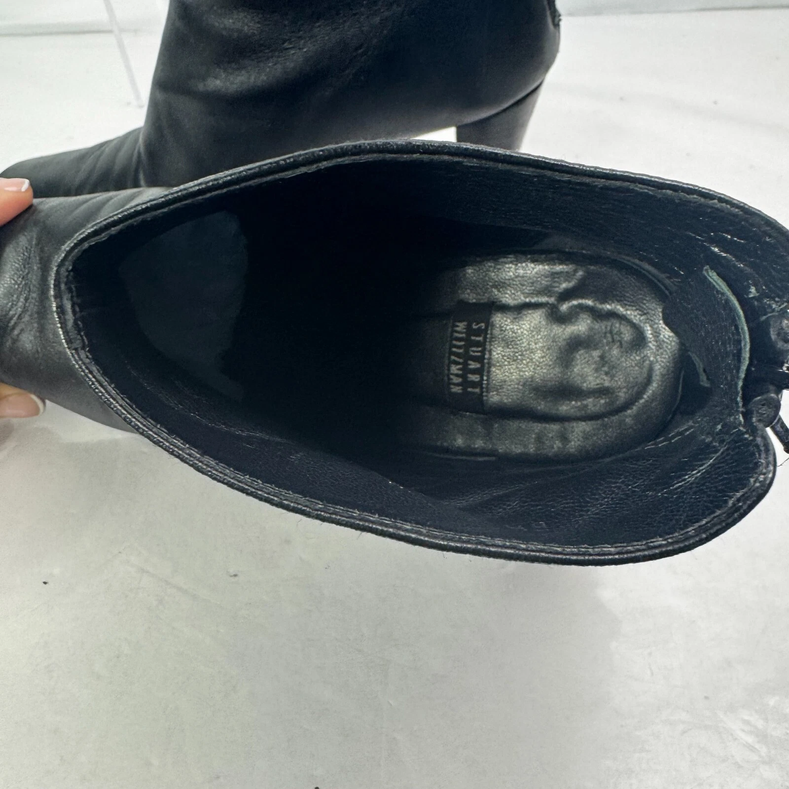 Stuart Weitzman Sz 7.5 B Black Leather Ankle Square Toe Boots 3.5" Heel Zipper