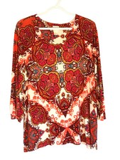 Chicos 3 Top Boho Artsy Paisley size XL (16-18) V-Neck 3/4 Sleeve Orange Pink