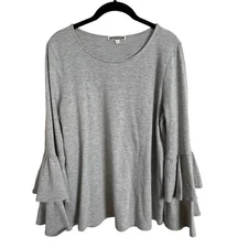 Pleione Heather Gray Knit Top M Double Bell Sleeve Boat Neck Boho Fairycore Chic