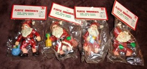 4 Vintage, Santa Elves, plastic Christmas Ornaments, 1970's, New in original pks
