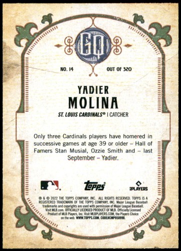 2022 TOPPS GYPSY QUEEN GREEN YADIER MOLINA #14 ST. LOUIS CARDINALS - Picture 2 of 2