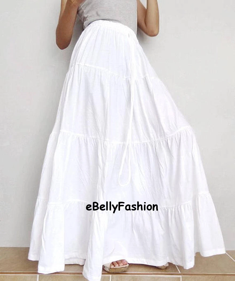 Permanecer de pié realimentación buscar Ruffle Long Skirt Cotton Designer White Women Casual Gypsy, boho skirt |  eBay