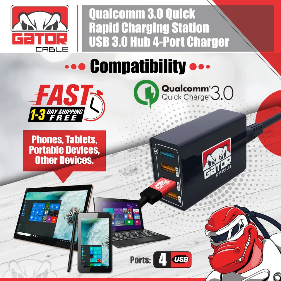 Qualcomm QC 3.0 Fast Rapid Charger Charging Station Hub 4 USB Multi Port 60W 3A - Image 4 of 4