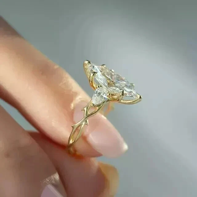 3Ct Marquise Cut Lab Created Diamond 14K Gold Finish Three-Stone Engagement Ring - Image 4 of 4