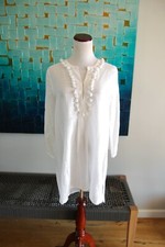  J Crew White Cotton Linen Blend 3/4 Sleeve Pom-Pom V Neck Tunic Dress Size XS