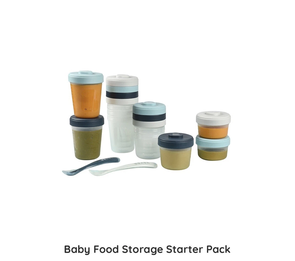 Beaba Set of 12 Storage Pots and 2 Silicone weaning Spoons, Interlocking, Pots,