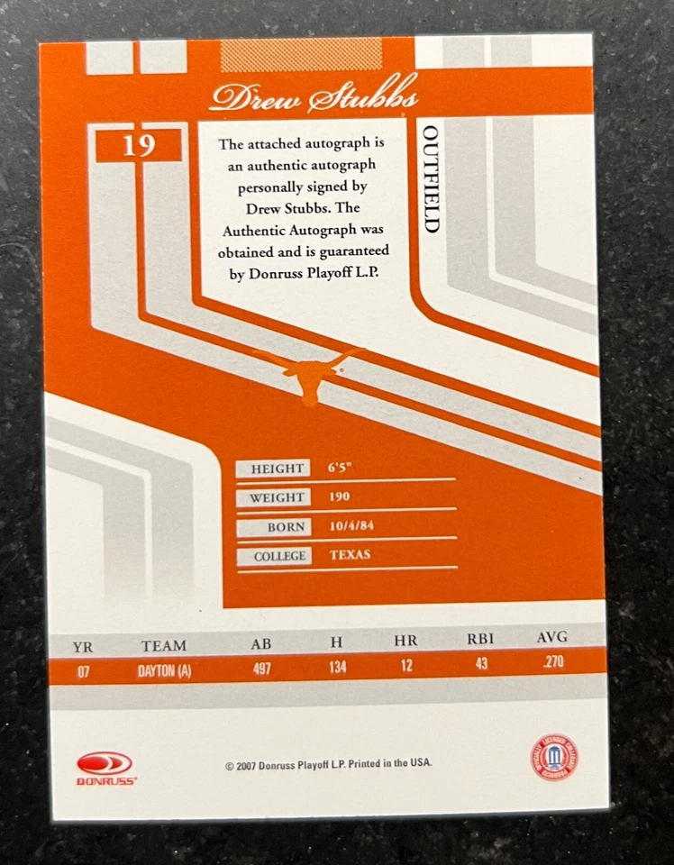 2007 Donruss Elite Extra Edition Signature Turn of Century Drew Stubbs 56/494 - Image 2 of 2