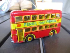 Vtg Tin ZZ Toys Germany Double Decker Bus Christmas Ornament, Pressed Steel