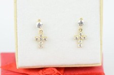 14K Yellow White Gold Cubic Zirconia CZ Cross Dangle Earrings