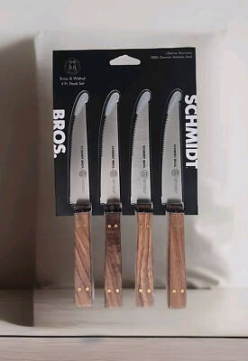 Schmidt Bros. Brass & Walnut 4pc.Steak Knife Set 100% German Stainless Steel NEW