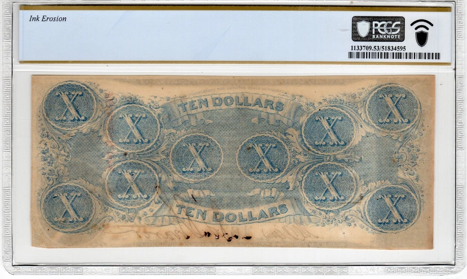 T-59 PF-11 1863 $10 Confederate Paper Money - PMG About Uncirculated 53 details - Image 2 of 2