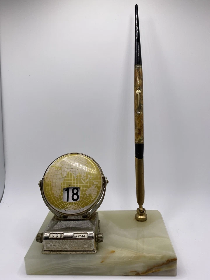 Pluma de Escritorio Waterman Ideal con Globo de Ónix Perpetuo Base de Calendario Abatible RARA Foto 3 de 4