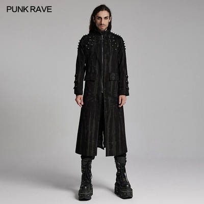 Punk Rave Men Black Gothic Doomsday Punk Studded Printed Vintage Long Coat
