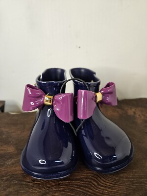 Sophie Sue Toddler Girls~purple rain boots~navy blue purple bow Size 7y