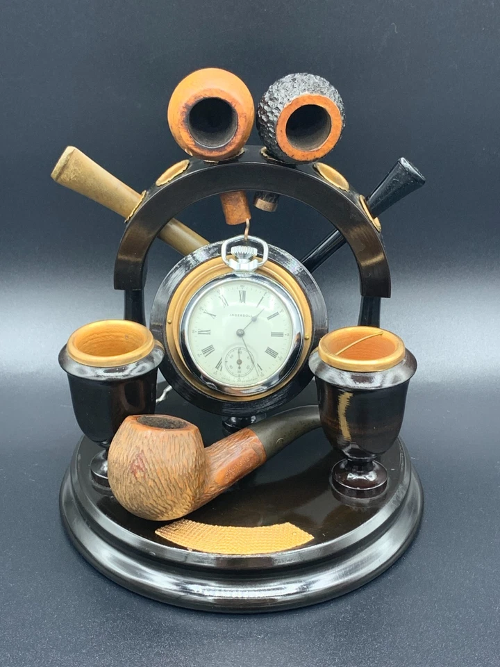 Antiguo soporte de exhibición para reloj de bolsillo con estante para pipa de fumar madera y latón dorado Foto 4 de 4