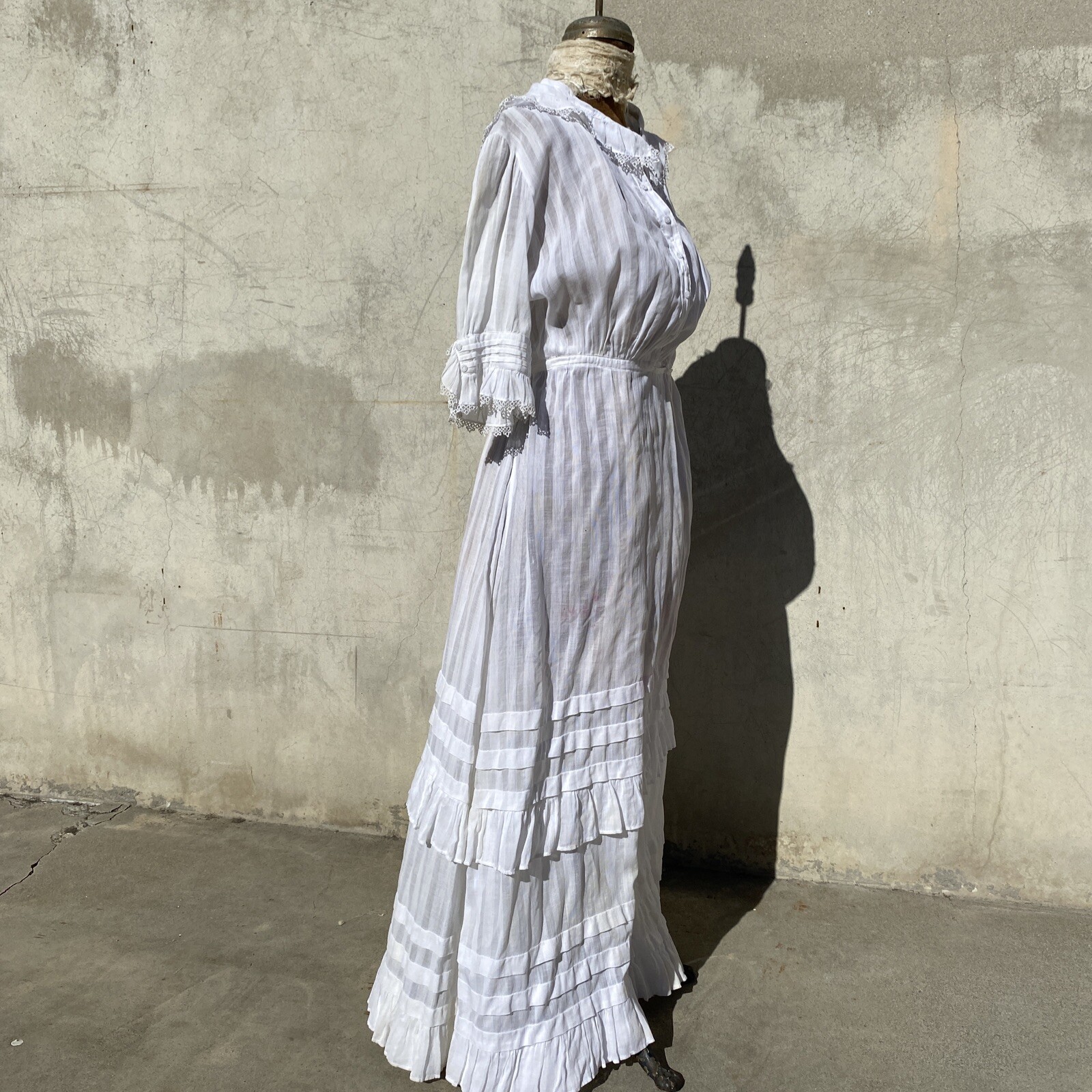 Antique Edwardian White Cotton Tea Dress Maxi Lace Tr… Gem