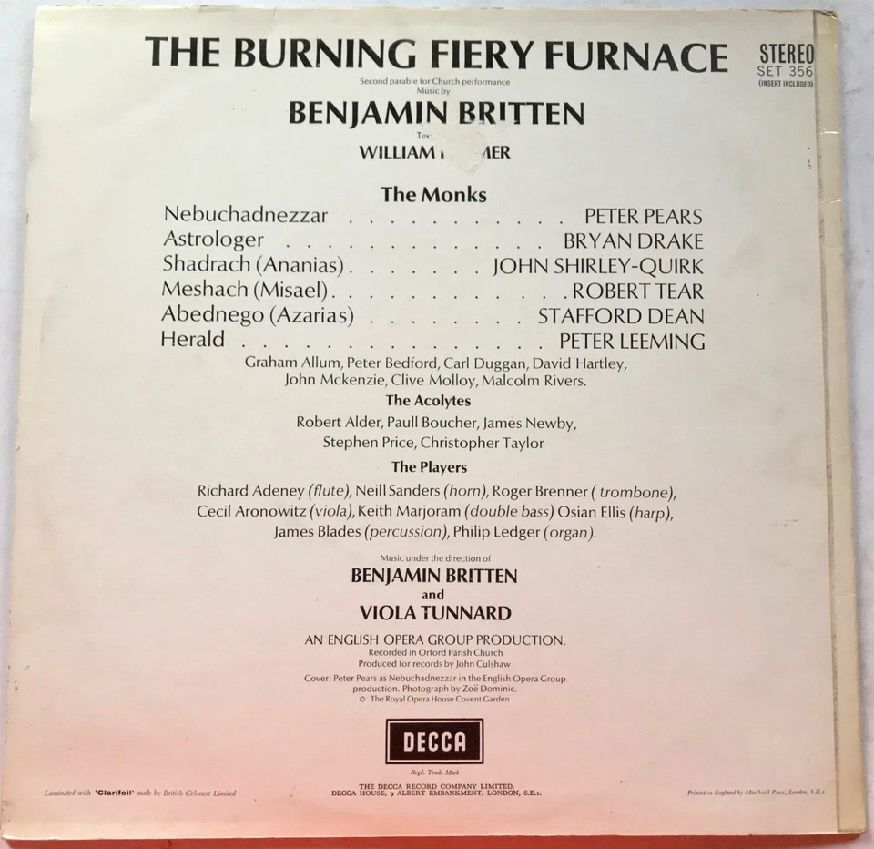 SET 356 Benjamin Britten The Burning Fiery Furnace Peter Pears Decca 1st WBG Foto 3 de 4