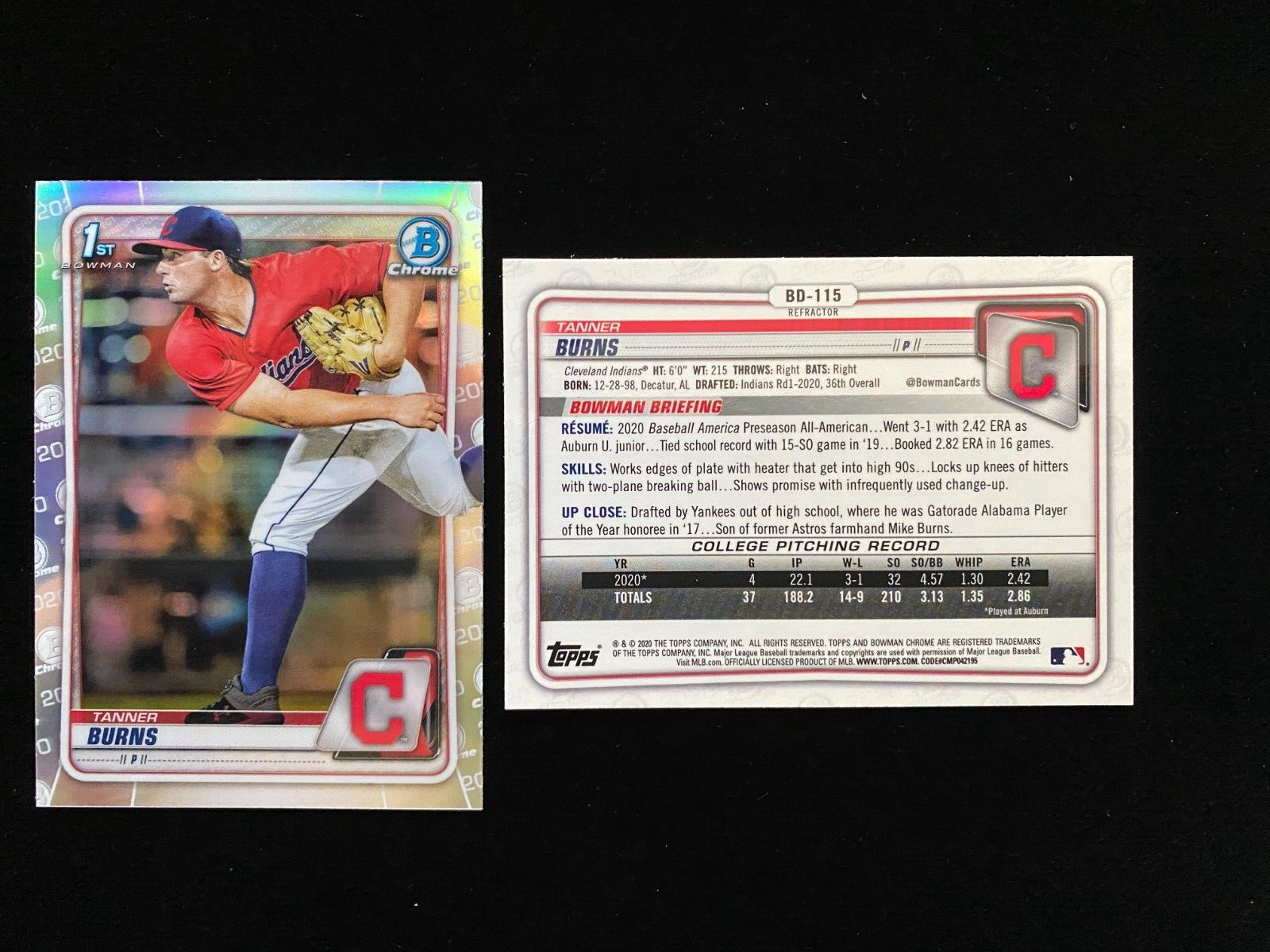 2020 Bowman Chrome Tanner Burns 1st Rookie Refractor Guardians RC