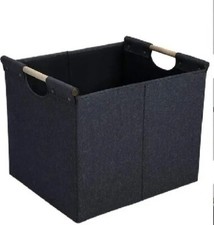 Collapsible Storage Bin  DK GREY  Linen Fabric w/Wooden Handles  12.75" x 15"