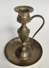 Vintage Brass Chamber Candlestick Candle Holder Curved Handle & Drip Dish