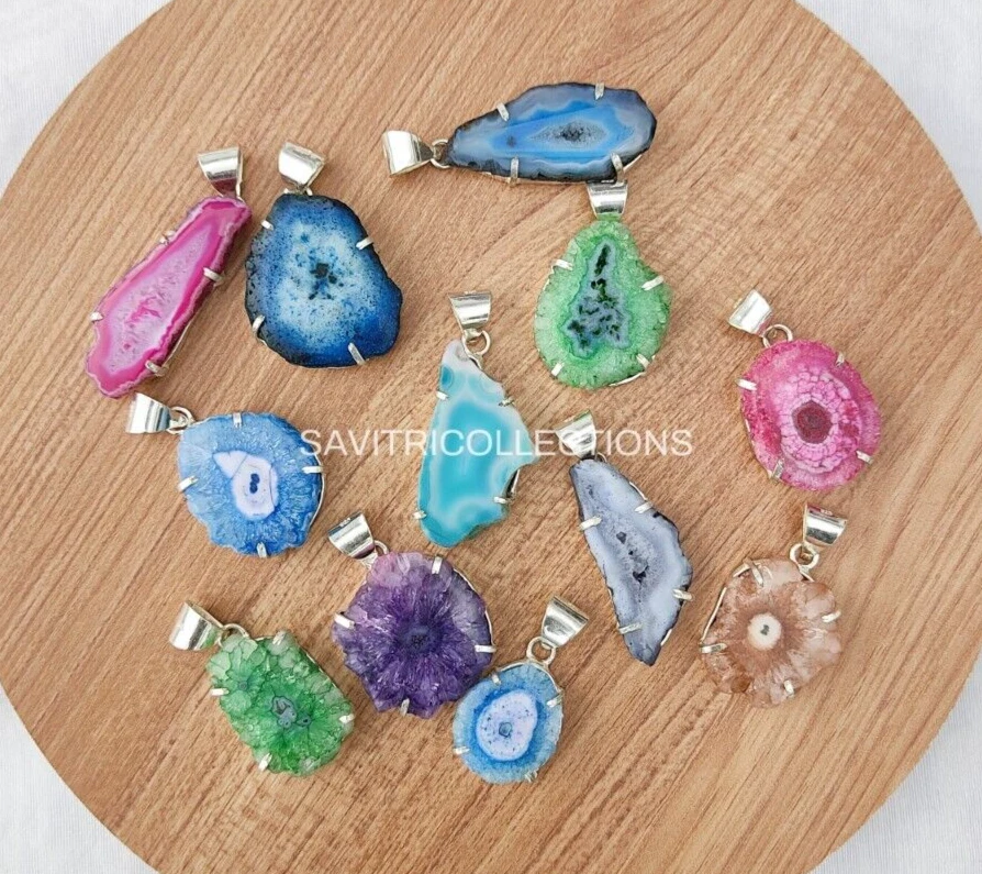 Lote misto de pingente de quartzo pedra preciosa drusa 92,5 folheado a prata atacado joias a granel - Imagem 2 de 4