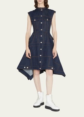 ALEXANDER MCQUEEN denim deconstructed patchwork corset midi dress