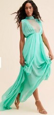 FOREVER THAT GIRL CHIFFON MAXI DRESS MESH FORMAL TURQUOISE SLITS ANTHROPOLOGIE