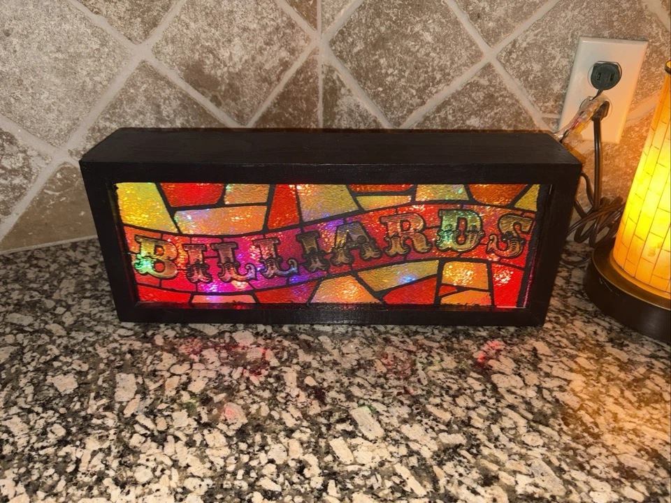 Lighted Billiards Box Framed Sign Foil Stained Faux Glass Art 1970s 17"x7"x3.75 - Image 2 of 3