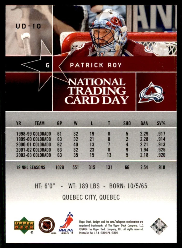 2004-05 National Trading Card Day Patrick Roy #UD10 - Image 2 of 2