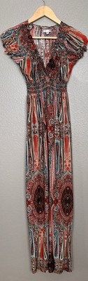 Lapogee Dress Fit & Flare Maxi Boho Women's Size S Vibrant Paisley Bell Sleeves