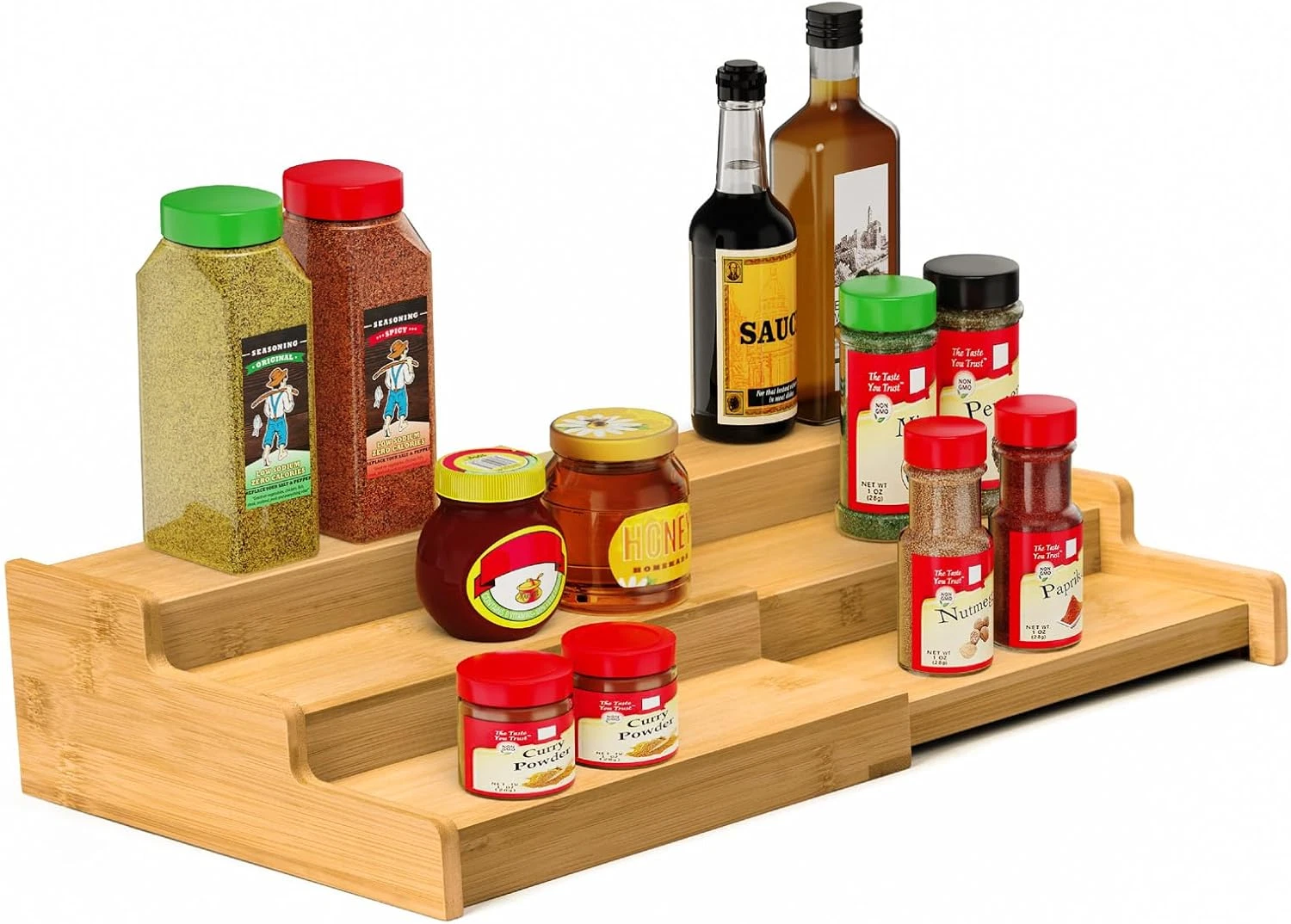 Spice Rack, 3-Tier Expandable Bamboo Spice Rack Organizer for Cabinet - Kitchen,