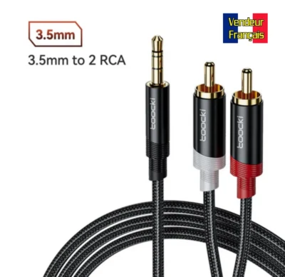TOOCKI - Câble Jack 3,5mm Stéréo Mâle Vers Double RCA Mâles – 3 Mètres - Tissé - Photo 1/4