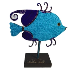 Claudine Buell Designs Signed Tropical Fish Steel Sculpture on Stand USA Blue