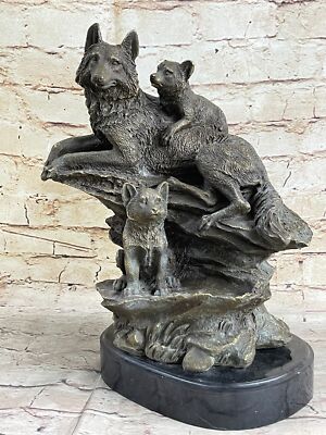 Original Mother Wolf Und Jungtiere Wild Tier Kunst Bronze Statue Skulptur Nr