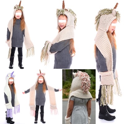 Unicorno Cappello Sciarpa Bambina Maglia Girl Knitted Hooded Scarf