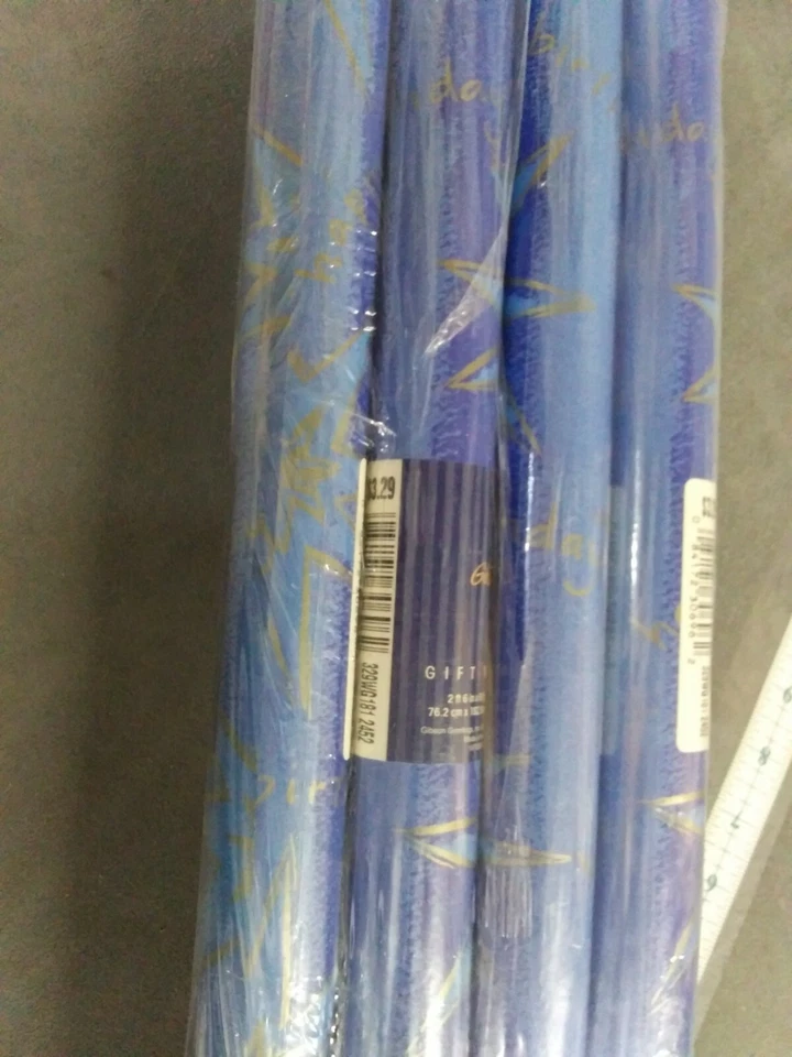 8 Rolls Gift Wrap 12.5 SQ FT Blue gold happy birthday 2ft 6in by 6ft NIP gibson - Image 3 of 4